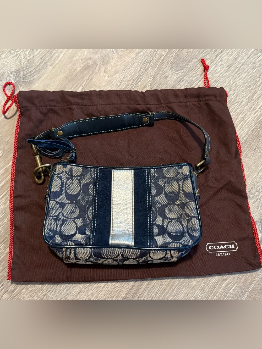 Coach Blue Signature Striped Leather Purse Bag Retired with Dust Bag